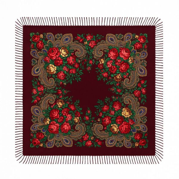 Batic tradițional roșu cu motive florale și franjuri – 98x98 cm