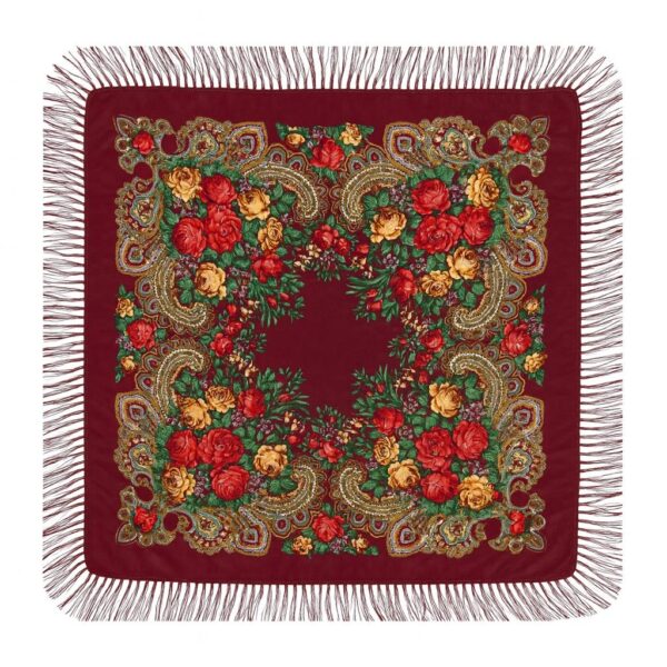 Batic tradițional din cașmir roșu-burgundy cu motive florale și franjuri – 95x95 cm