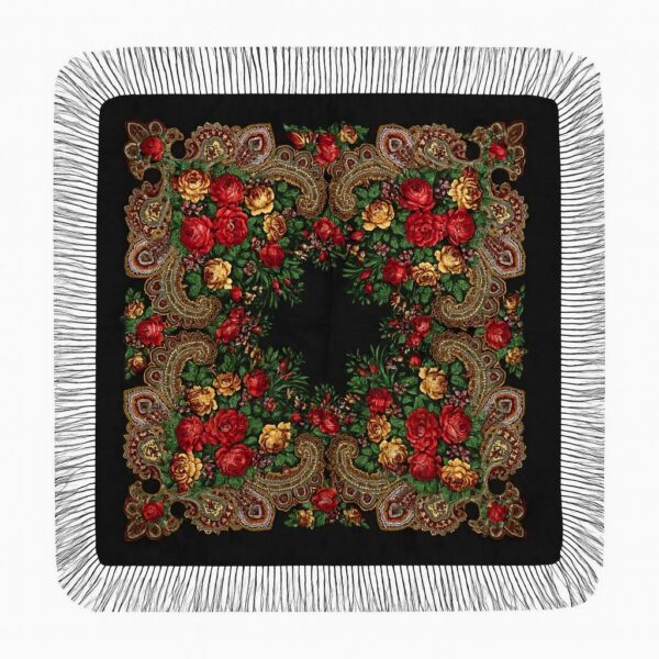 Batic tradițional din cașmir negru cu motive florale și franjuri – 95x95 cm