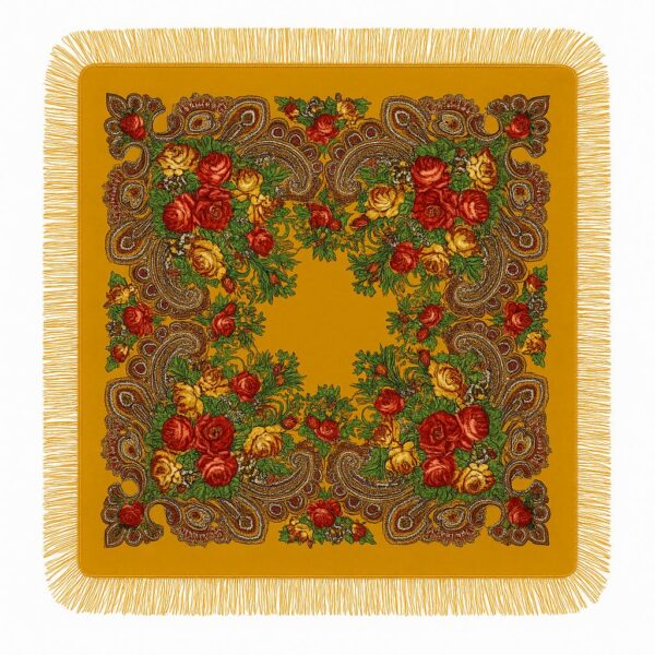 Batic tradițional din cașmir galben-muștar cu motive florale și franjuri – 95x95 cm