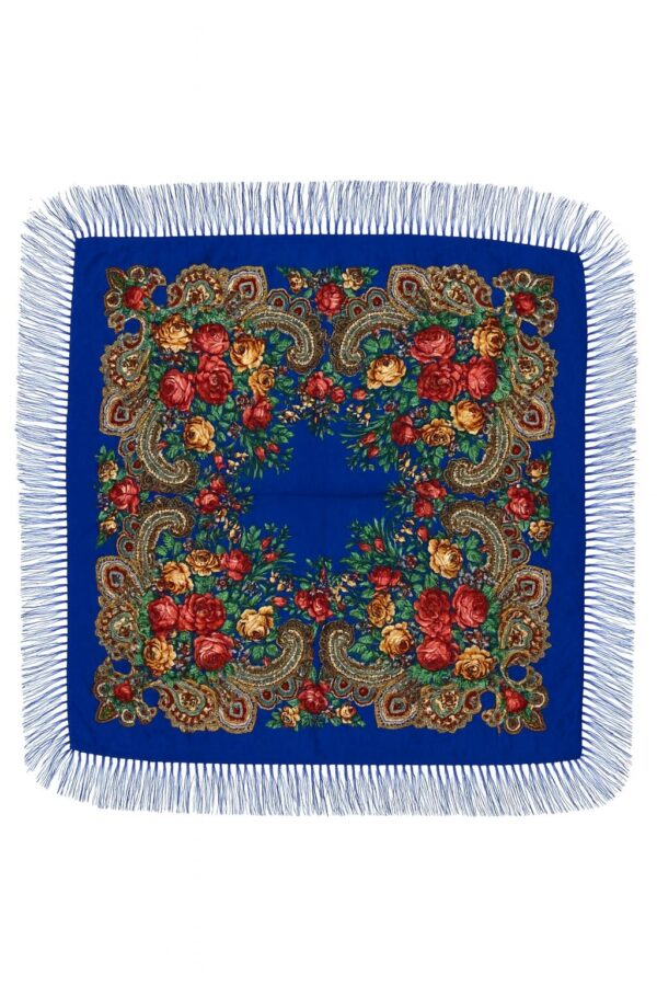 Batic tradițional din cașmir albastru cu motive florale și franjuri – 95x95 cm