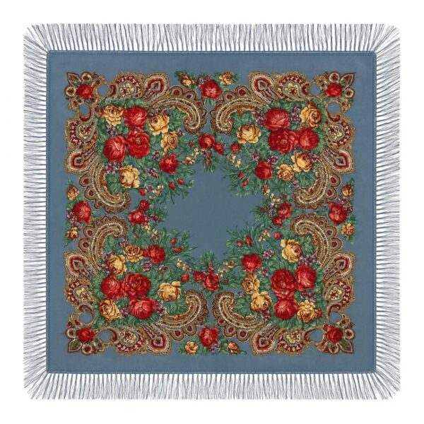 Batic tradițional din cașmir gri-albăstrui cu motive florale și franjuri – 95x95 cm