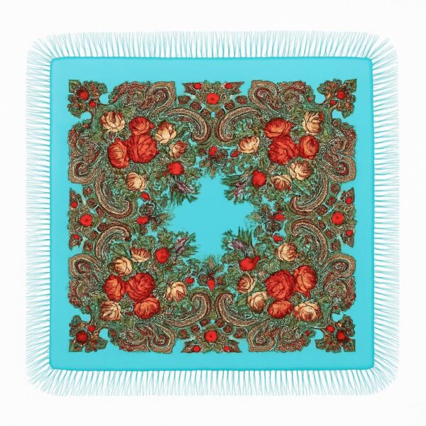 Batic tradițional din cașmir turcoaz cu motive florale și franjuri – 95x95 cm