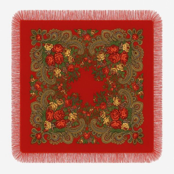 Batic tradițional din cașmir roșu cu motive florale și franjuri – 92x92 cm