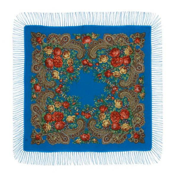 Batic tradițional din cașmir albastru regal cu motive florale și franjuri – 95x95 cm