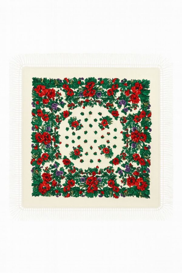 Batic tradițional crem cu franjuri și imprimeu floral roșu-verde