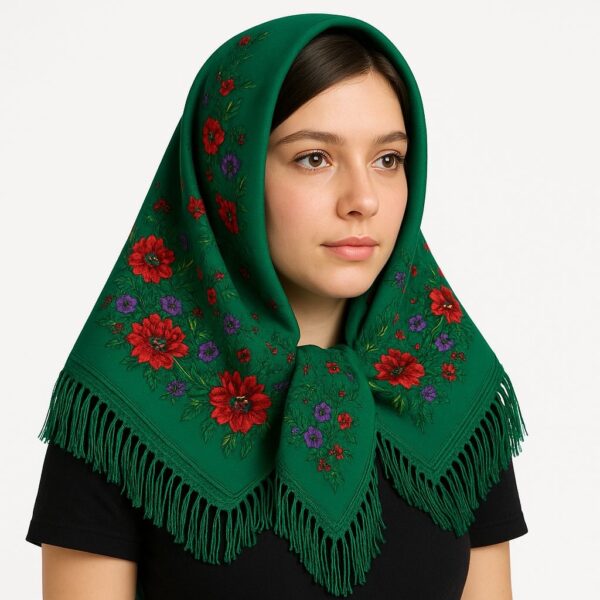 Batic verde cu franjuri din cașmir 95x95 cm – model floral tradițional