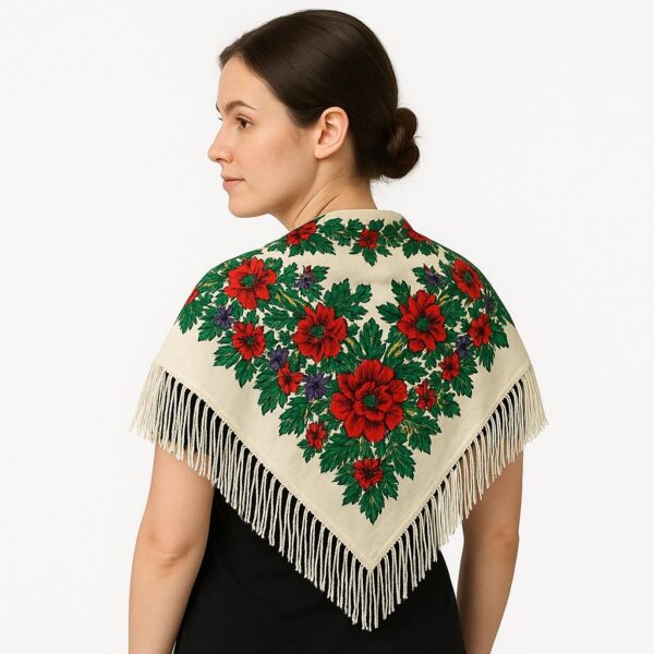 Batic tradițional crem cu franjuri din cașmir 95x95 cm – elegant și versatil